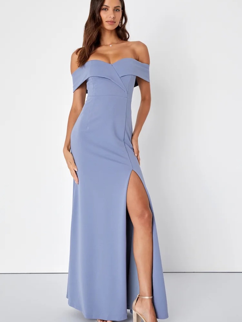 Lulus Song of Love Blue Grey Off-the-Shoulder Maxi Dress Medium